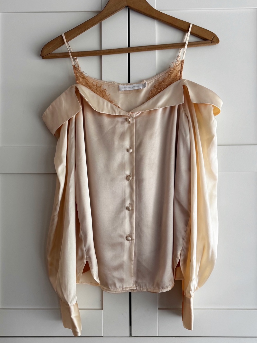 Jonathan Simkhai Caylee Silk Lace Plisse Off Shoulder Button Down Ivory - Picture 5 of 8